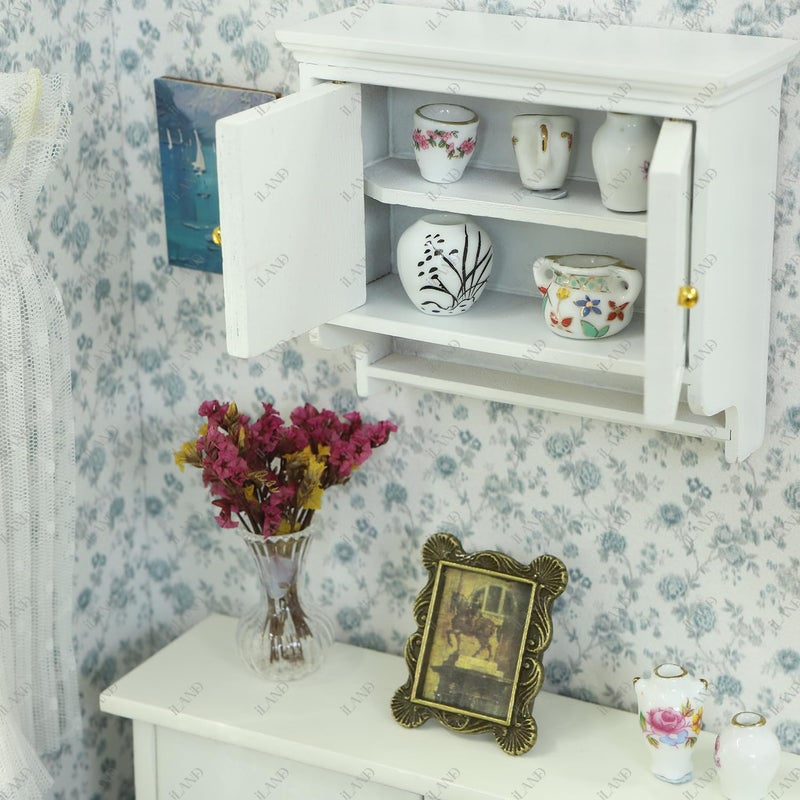 iLAND Dollhouse Furniture on 1/12 Scale, Dollhouse Kitchen Cabinet Miniature Shelf in Modern Country Style White - Image 3
